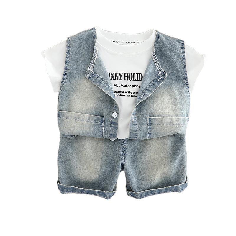 Summer Outfit Handsome Boys Short Sleeved Set Children's Denim Vest Casual T Shirt Set