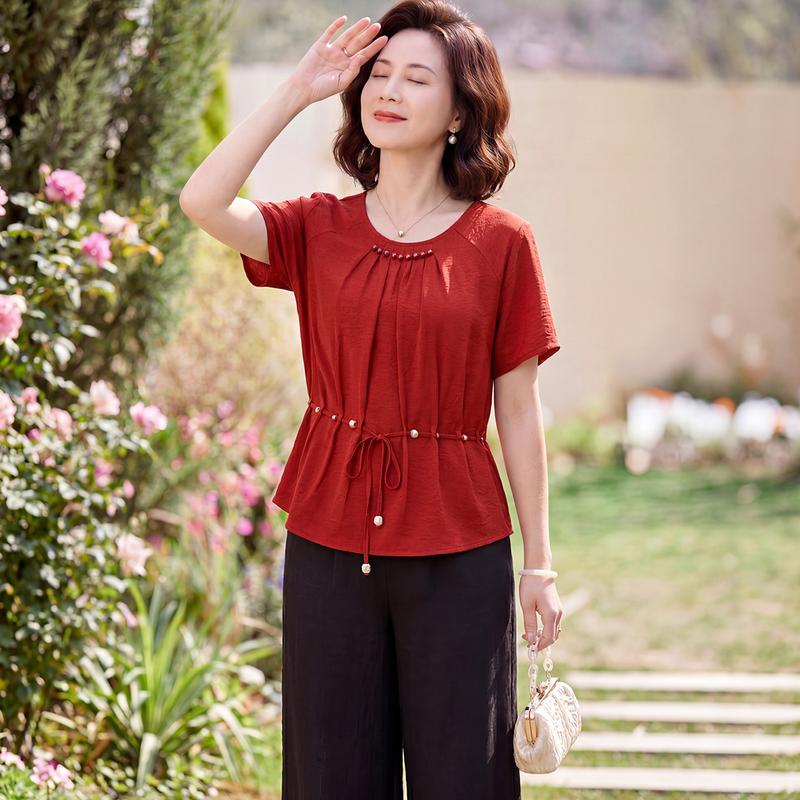 Mrs. Datang 2026 Elegant Summer Pearl Short-Sleeve Blouse 4XL