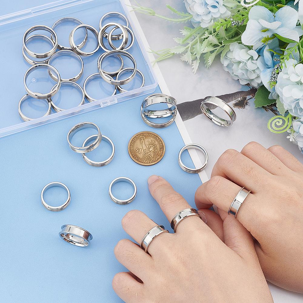 201 Stainless Steel Grooved Finger Rings Set for Men Women, Stainless Steel Color, Wide: 6mm, Inner Diameter: 16~22.2mm, 3Pcs/size, 9 Size, 27Pcs/box