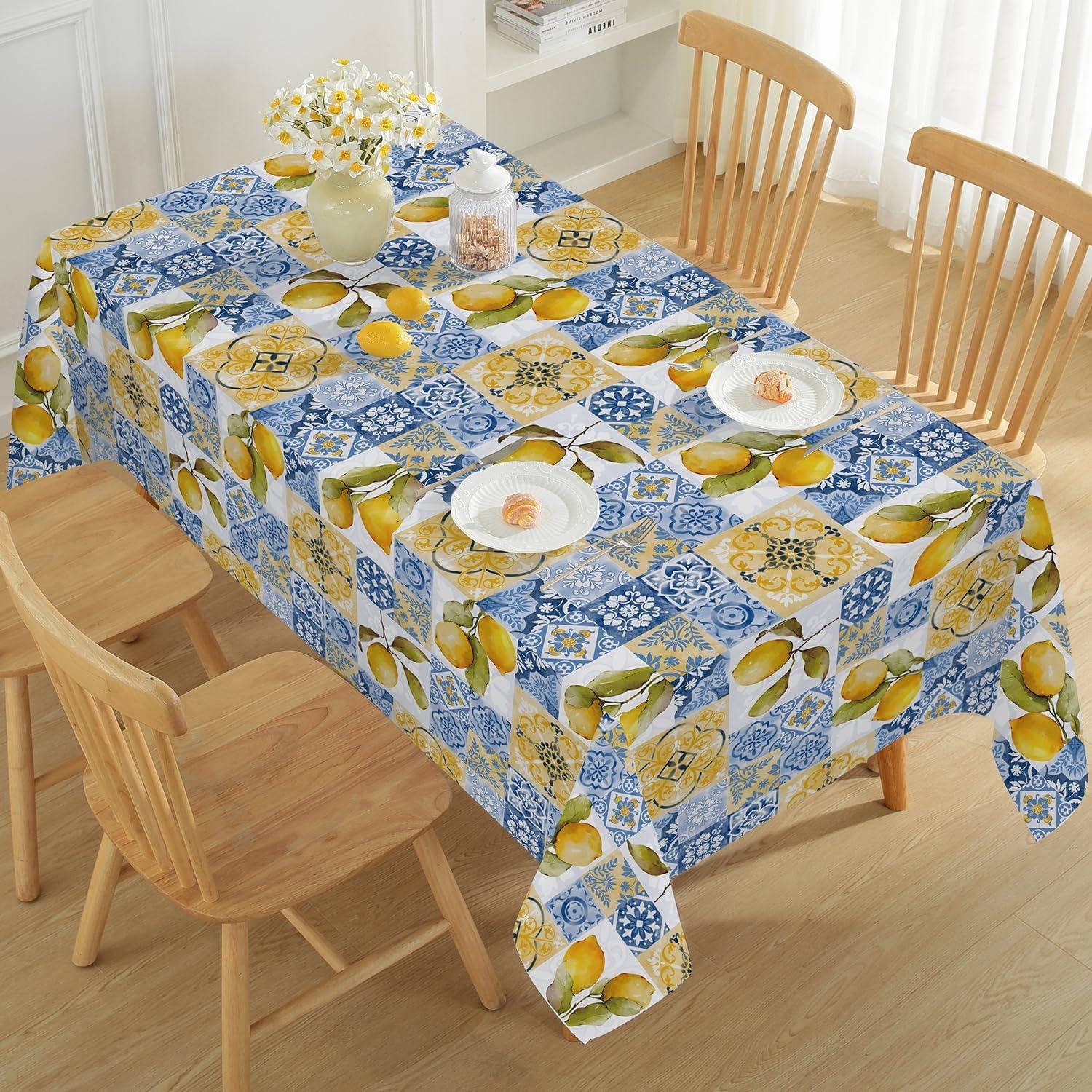 Nappe rectangulaire en porcelaine avec motif citron bleu et carreaux pour décoration de table Lavable pour table de cuisine ou de salle à manger Décoration de fête de vacances 140x180cm