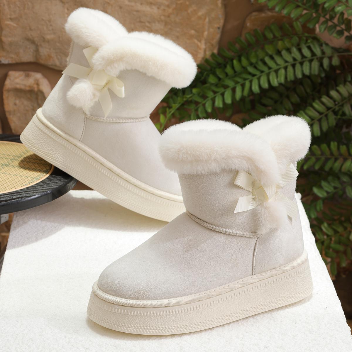 

Fashion Women Boots Warm Butterfly Knot Cross Border Round Toe Shoes for Women Winter Thick Bottom Plush Casual Snow Cotton Boots Women 36 бежевый