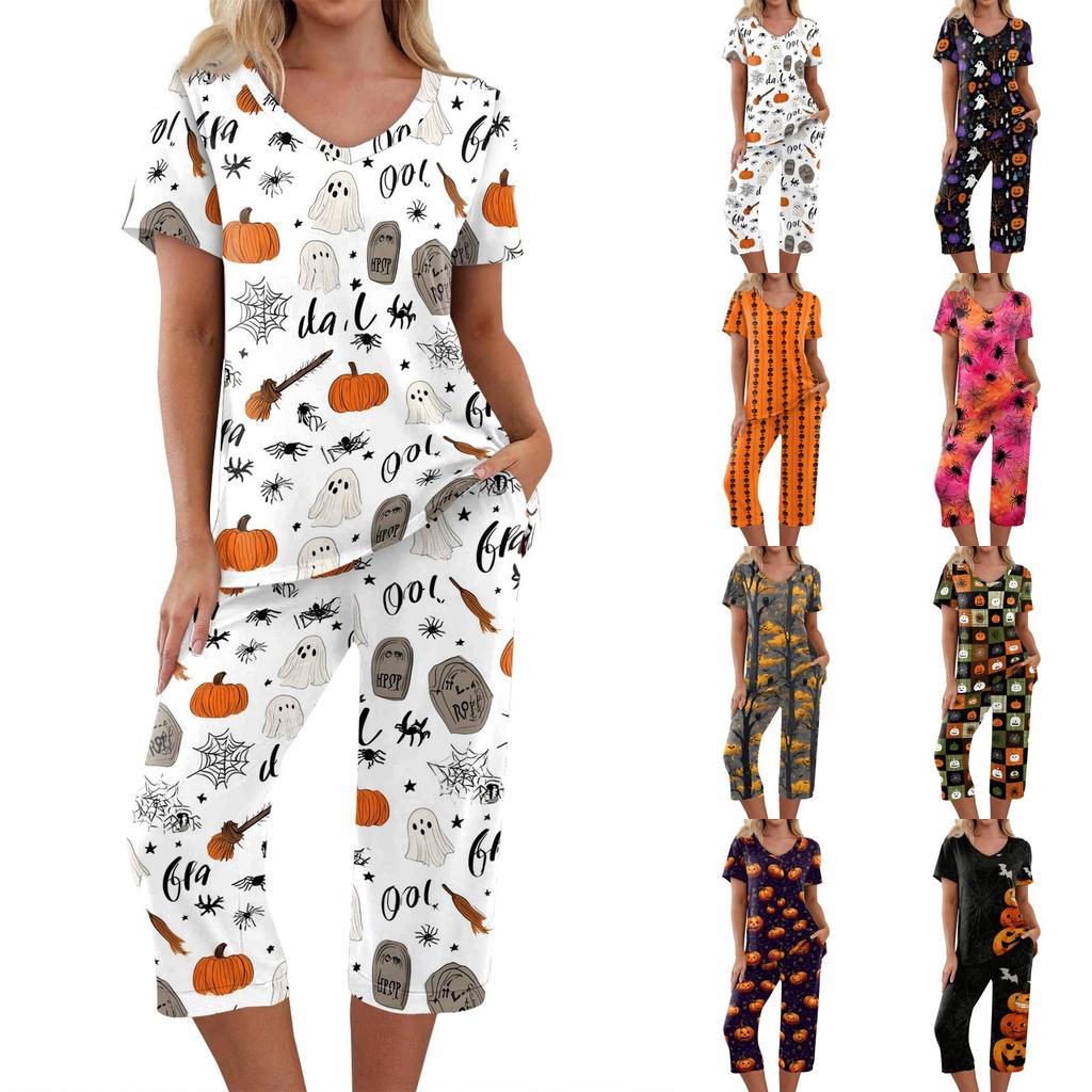 Women's Festive Halloween Print Tracksuit Set - 2 Piece Short Sleeve Top & Cropped Pants, Casual Costume Outfit for Fall Party