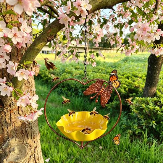 Outside Hummingbird Bird Feeder, Weather-proof Metal Butterfly Bird Bath, Hanging Feeding Bowl for Outdoor Garden Patio Yard