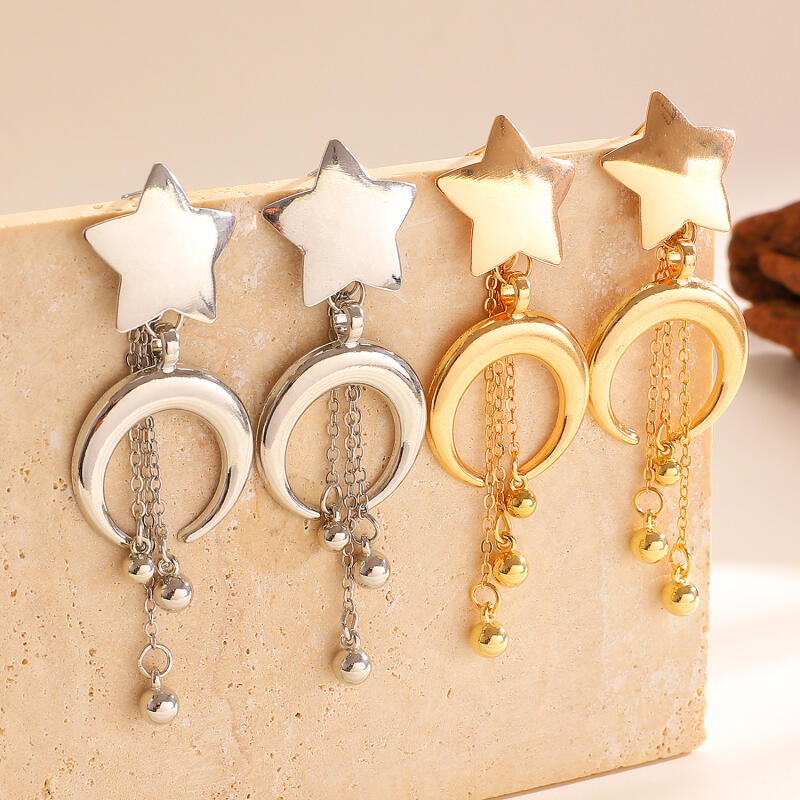 Exaggerated Metal Star Moon Dangle Earrings for Women Ladies Fashion Small Ball Tassel Drop Earrings Party Jewelry Accessories