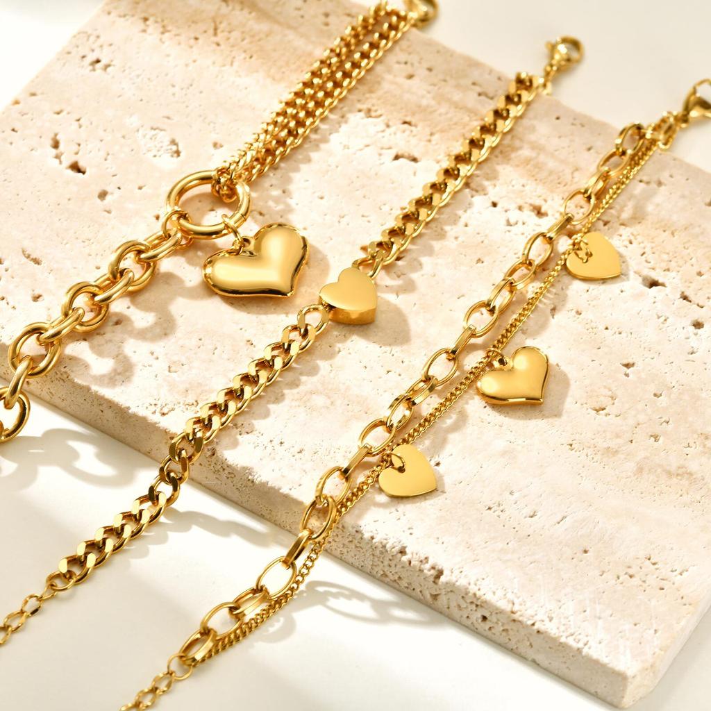 Vintage Stainless Steel Thick Chain Love Heart Charms Bracelet For Women Grils Gift Waterproof Jewelry
