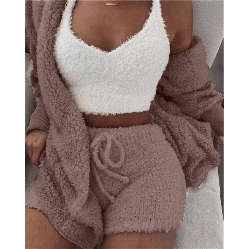 Damen Winter Plüsch Hauskleidung Lässiger 2-teiliger Pyjama Langarm Shorts Sportanzug für Damen
