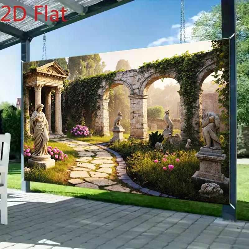 

2D Classical Garden Backdrop, Ancient Ruins with Stone Statues and Flowers 47.2x31.5inch/120*80cm