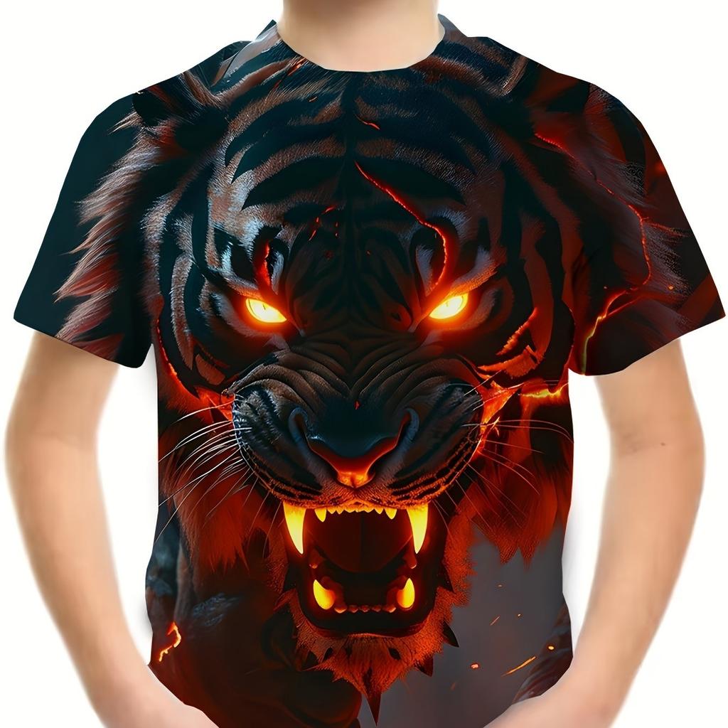 Children's Clothing Boys Tshirt Short Sleeve Stylish 3D Tiger Print Kids Summer Clothes Cartoon Casual Round Neck Girl Clothes
