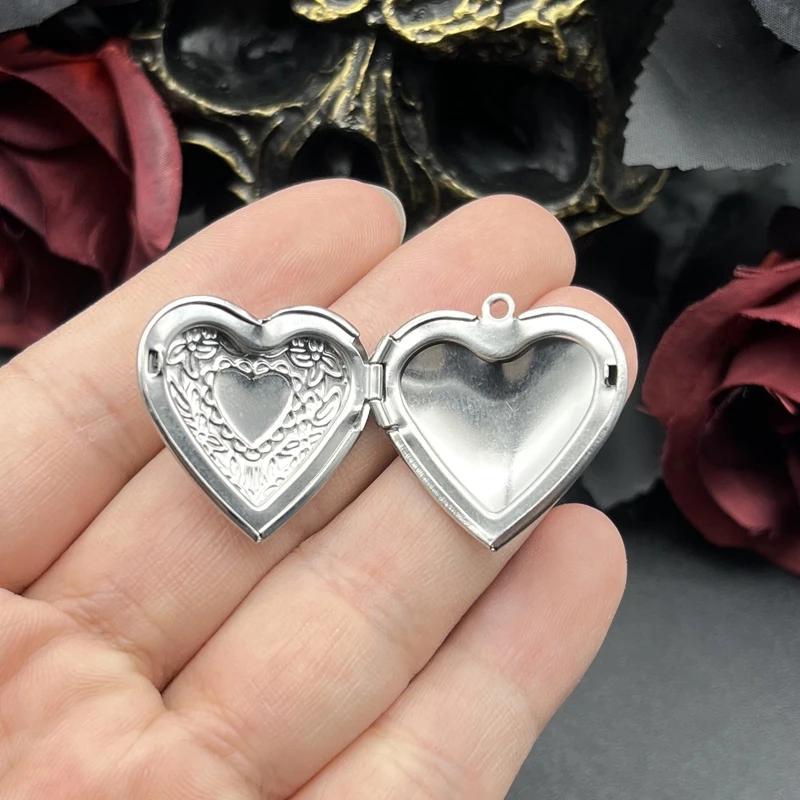 2pcs Stainless Steel Heart Box Vintage Reliquary Pendant Photo Locket DIY Necklace Handicraft Charm Jewelry Making Supplies
