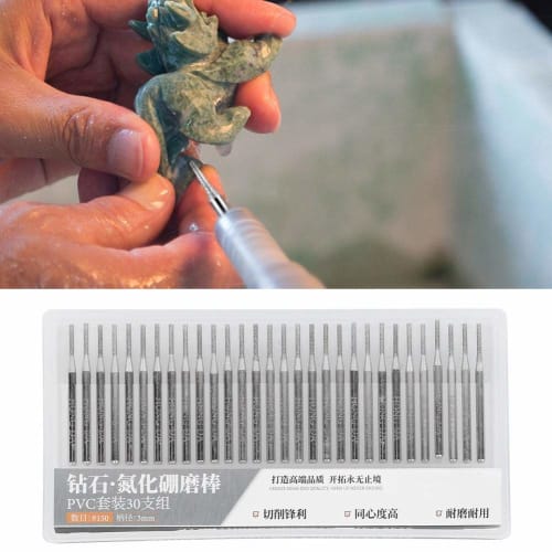 30-Piece Set of Cylindrical Grinding Drill Bits with Diamond Grinding Stones, 3mm Shank, 1.5mm Grinding Tip Diameter, for Cutting and Polishing Finish