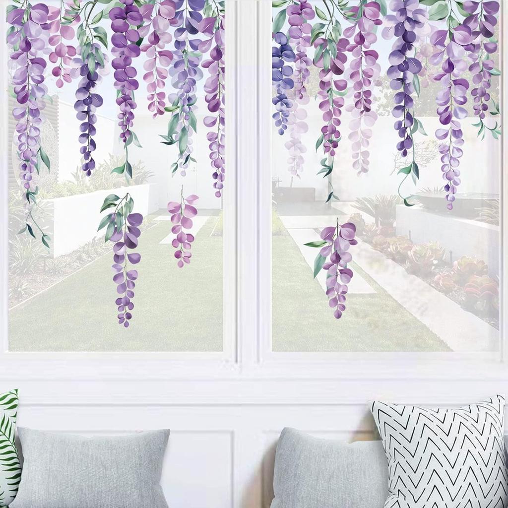 decalmile Purple Hanging Vine Double Sided Window Clings Wisteria Flower Leaf Window Decals Anti-Collision Glass Doors Window Stickers