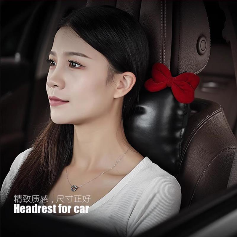 1Pc Fashion Red Bowknot Pu Leather Car Neck Pillow Auto Bow-Shaped Headrest Seat Support Waist Pillows Car Interior Accessories