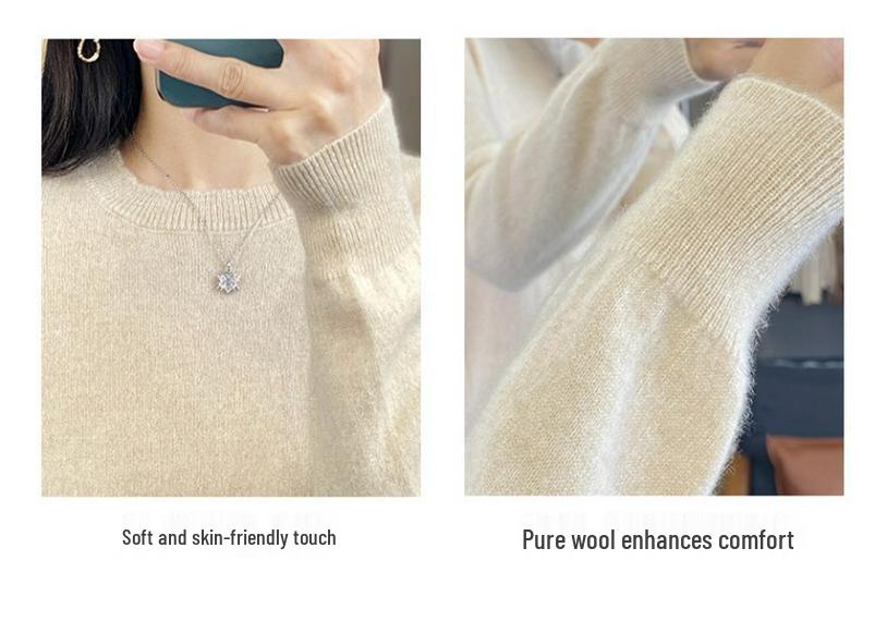 Women's 100% Pure Wool Lace Collar Round Neck Sweater - Autumn/Winter Plus Size Knit Pullover