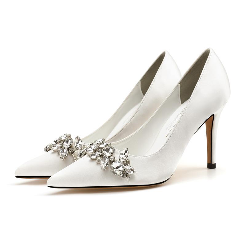 

Белые туфли на высоком каблуке свадебные туфли атласные туфли-лодочки для свадебного платья показ он и она носят стразы узел для помолвки высокий каблук 35 белый