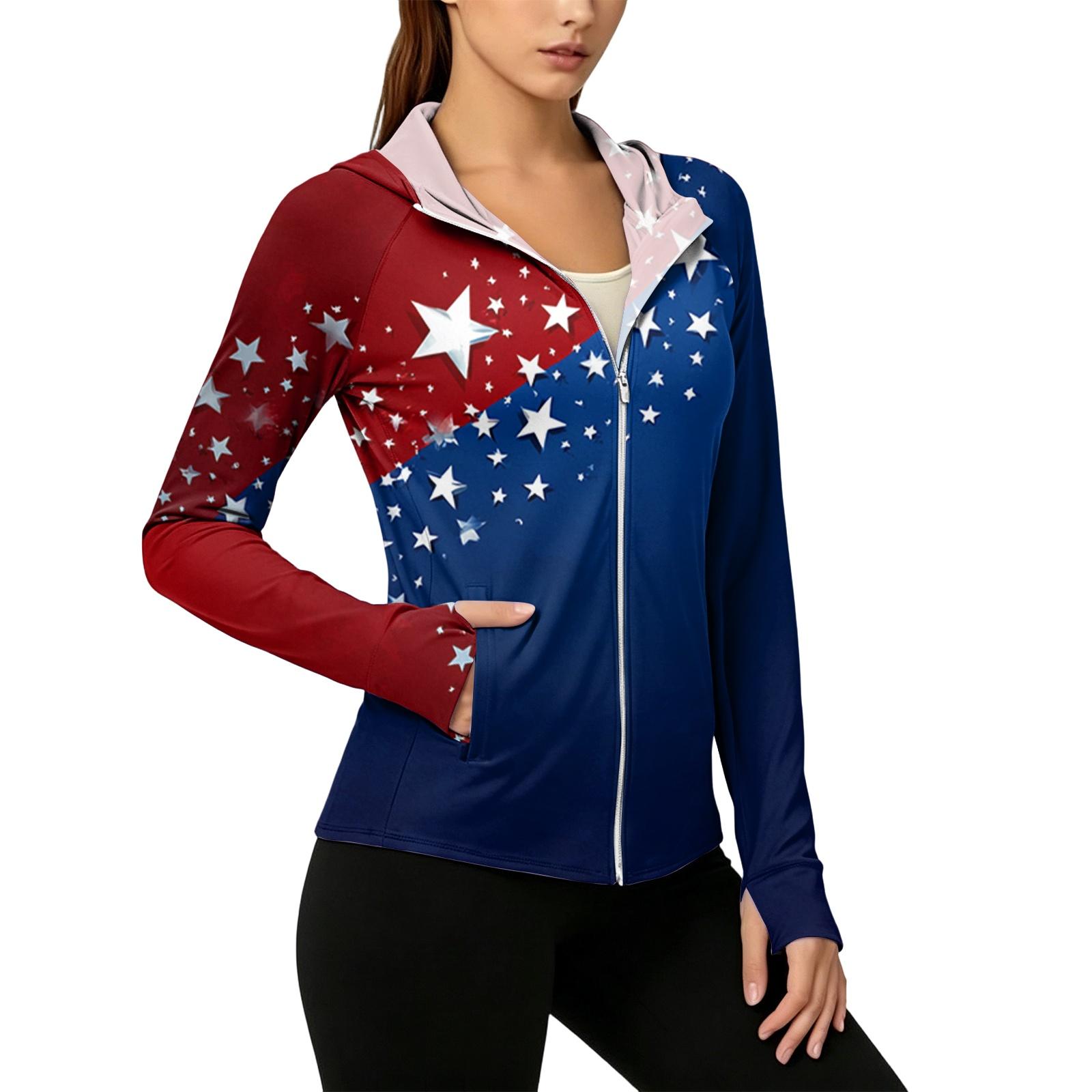 

Women s Zip Up Hoodie Lightweight Long Sleeve Jacket with Hood and Pockets Independence Day Print Sun Protection Outerwear XL синий