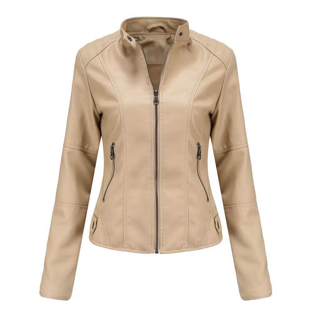 

2025 Women s Slim Fit Leather Jacket - Stand-Up Collar, Zipper, Short Coat for Spring & Autumn 4XL абрикосовий
