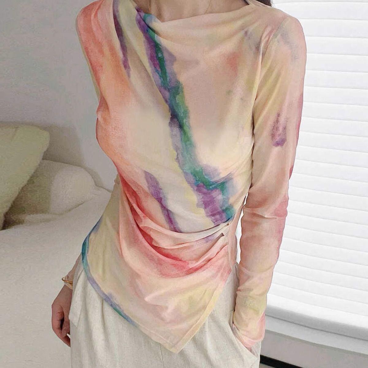 

Mesh Gradient Top Ombre Lightweight Breathable Spring-Summer Long-Sleeve Cowl Neck Pullover Elastic Irregular Ruched S