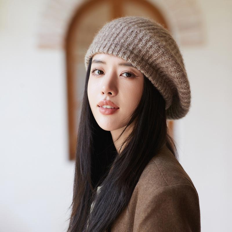 

Шапка женская из меха кролика, теплая шерстяная вязаная шапка, однотонный универсальный берет, литературная и ретро-шляпа художника