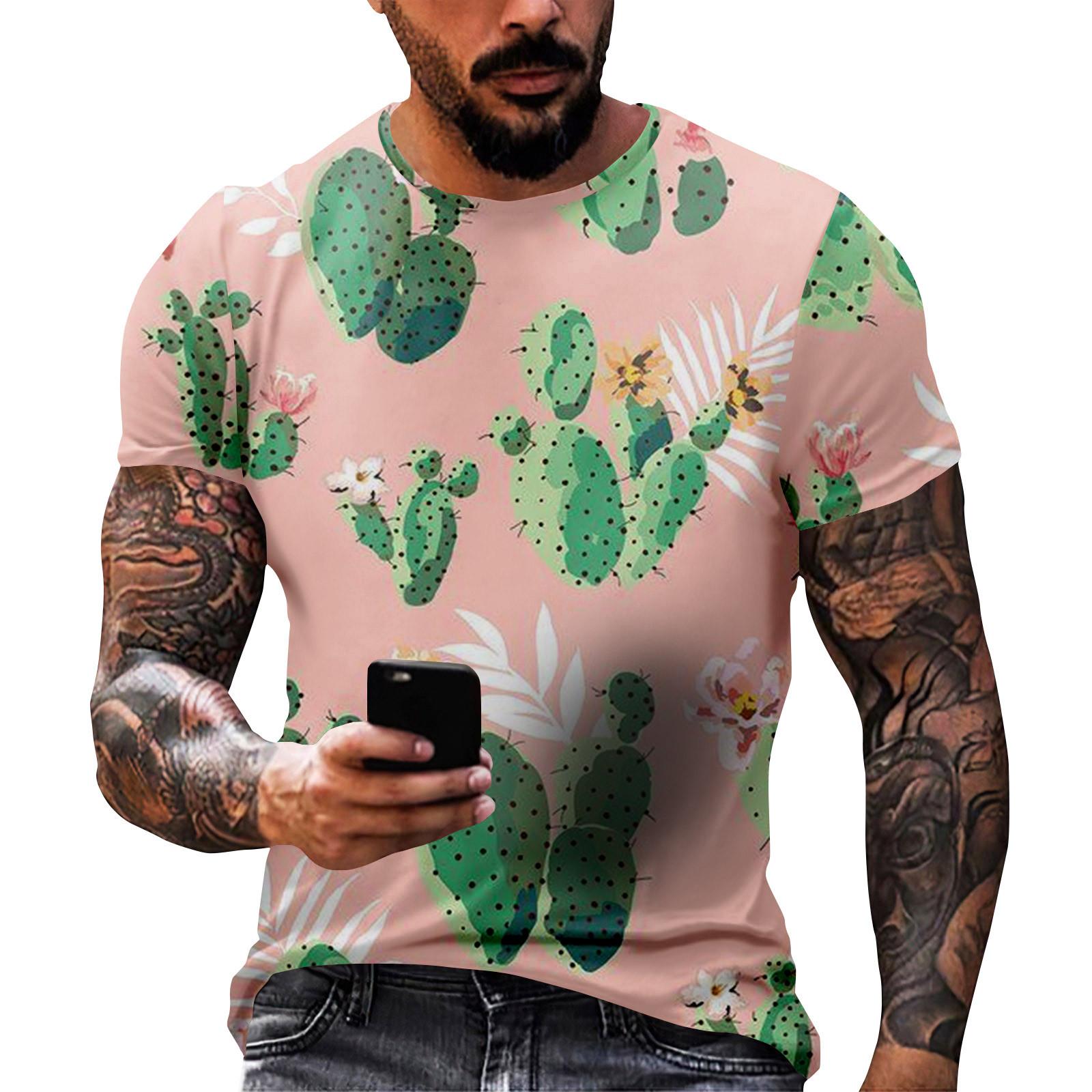 

Мужская повседневная футболка с круглым вырезом и коротким рукавом с гавайским принтом XL розовый