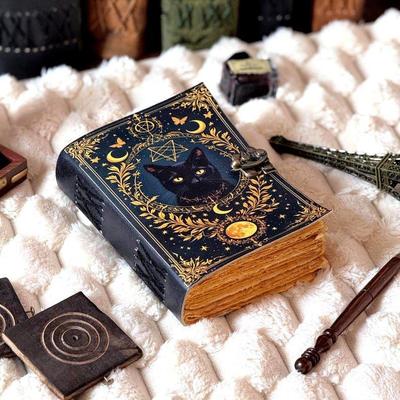 Katzen Tagebuch Vintage Handgemachtes Leder Tagebuch, Grimoire Dickes Tagebuch Leeres Zauberbuch der Schatten Himmlische Geschenke Für Ihn Sie