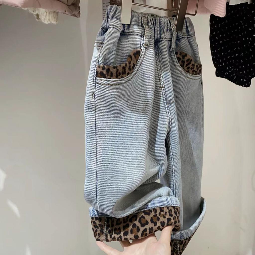 Herbst Winter Mädchen Leopardenmuster Jeans Kinder Gerade Verdickt Weitbeinjeans