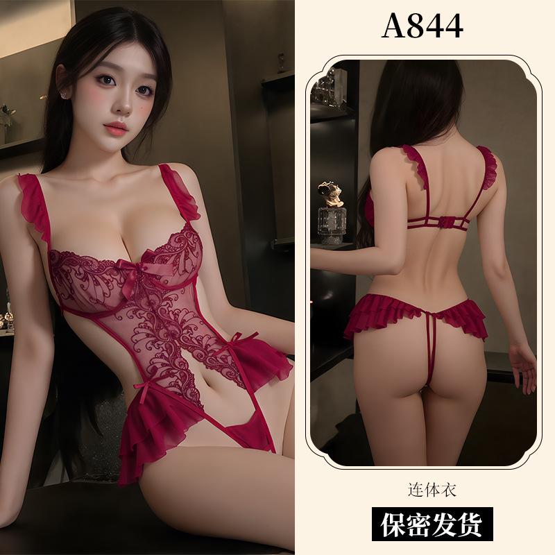 Sexy Lingerie Sexy Lace Embroidered Onesie Women's Hollow Open Pajamas Hot Seduction Uniform A