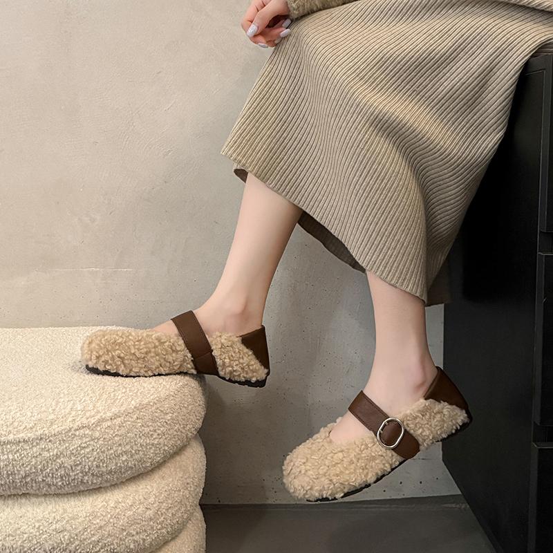 Leopard Print Fur Shoes Winter New One-line Belt Round Toe Shallow Mouth Soft Sole Non-slip Wear-resistant Flat Shoes