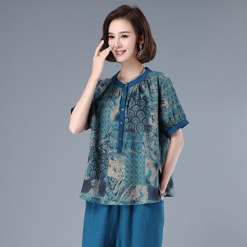 

Летняя футболка с коротким рукавом свободного кроя для полных женщин среднего и пожилого возраста - Модная одежда для мам 2025 M (100-115 kg) синий