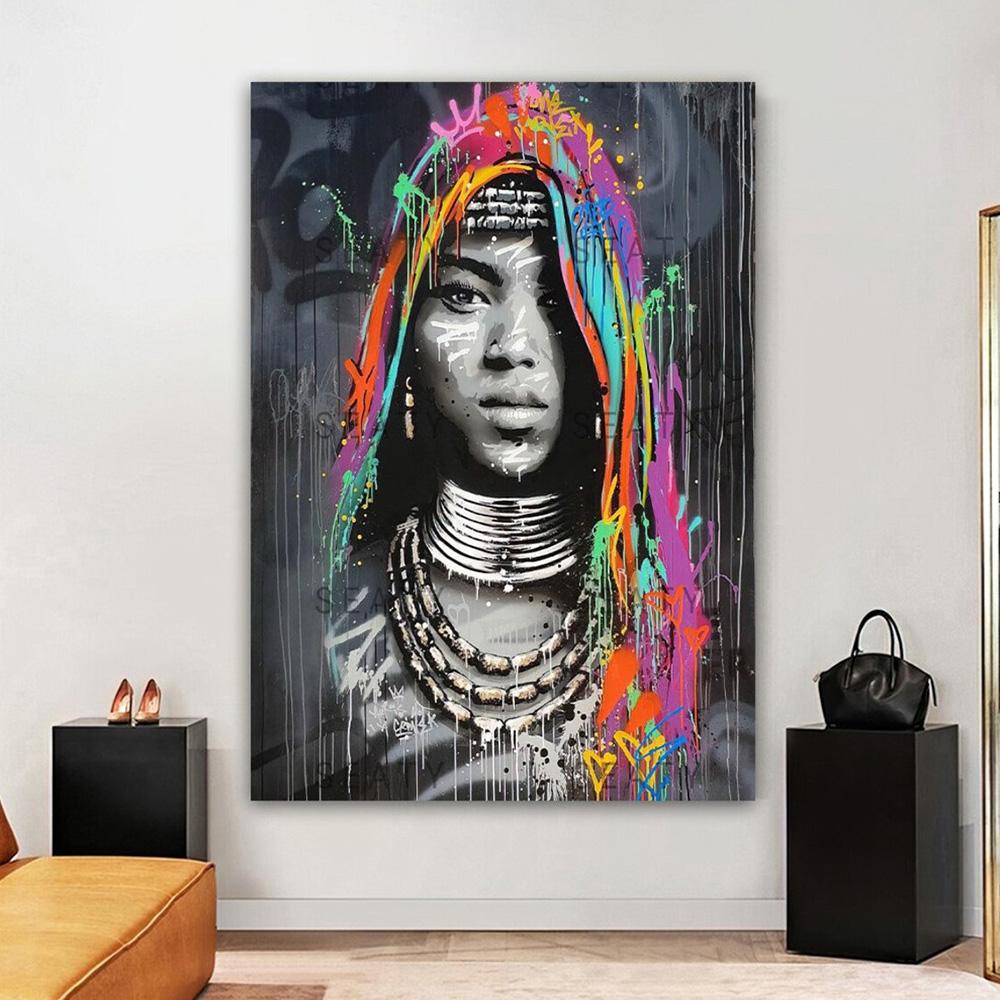 Ethnische Leinwandkunst, Frauen-Wand-Leinwand-Ölgemälde, ethnisches afrikanisches buntes Porträt, Straßen-Graffiti, Vintage-Poster, Drucke, Figur, Wanddekoration, ästhetisch