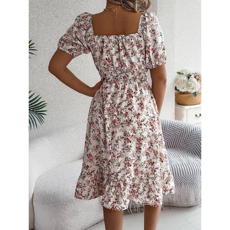 2026 Spring/Summer New Floral Print Square Neck Short Sleeve Waist-Cinching Ruffle Hem Women's A-Line Dress