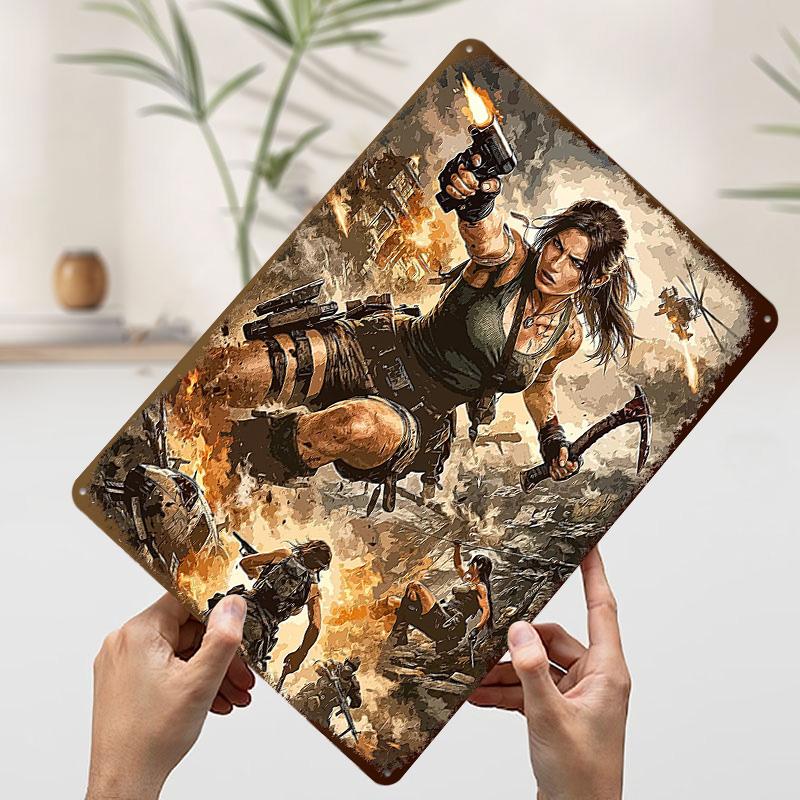 Lara Croft in Action Tin Poster Customized Retro Wall Art Vintage Metal Signs for Room Modern Home Decoration Luxury Wand Deko