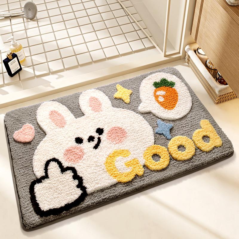 Cute Rabbit Series Super Soft Bath Mat - Thickened Flocked Machine-Washable Bathroom Rug, Non-Slip Decorative Doormat for Home