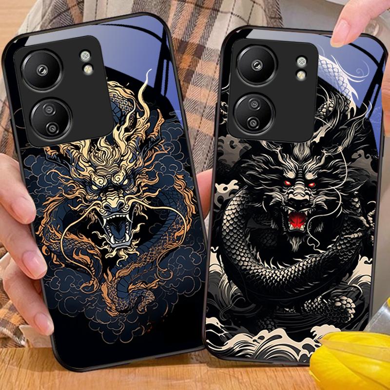 Chinesischer Winddrache Für Xiaomi Redmi 13C Note13 12 Pro Plus 5G Note 9 13T Pro POCO X6 F5 F6 Schwarze Handyhülle aus gehärtetem Glas