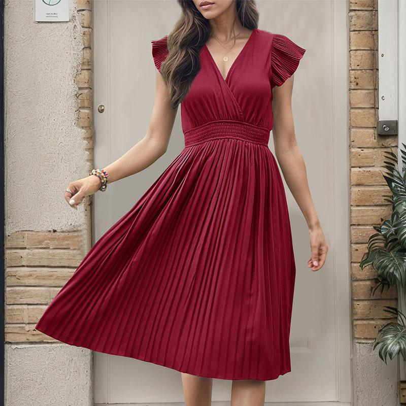 Summer new simple temperament dress popular women s V-neck high-waisted pleated skirt S