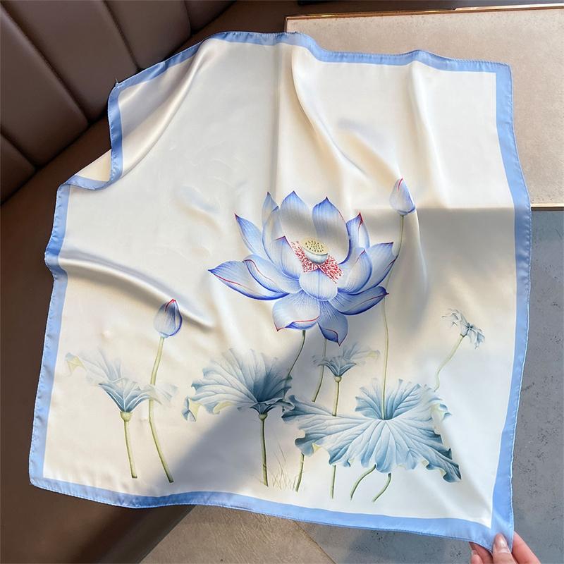 Summer Blue Lotus Silk-like Scarf 70x70cm Women Silk Scarves Luxury Bandana Hijab Neckerchief Shawl Kerchief Hair Band Foulard