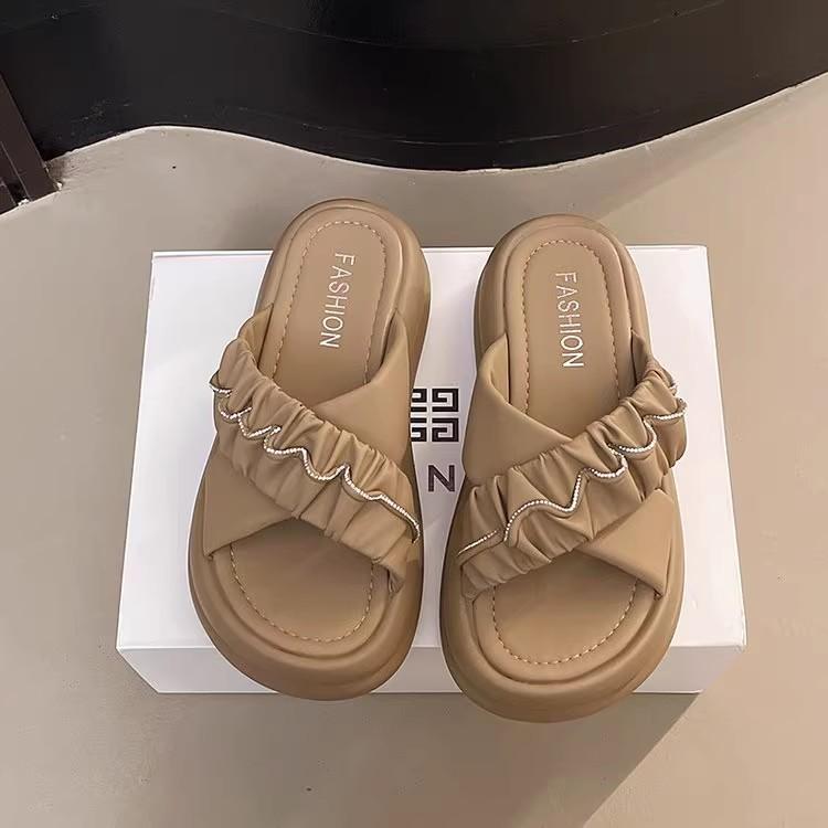 

2025 summer new fashionable rhinestone pleated cross with slope heel sandals thick-bottomed versatile slippers popular cool slippers 40 хакі