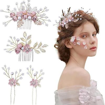 Bride Artificial Flower Beads Side Comb for Hair Women Brides Wedding Pageant Tiara Headdress Hair Pins Hair Accessories Jewelry