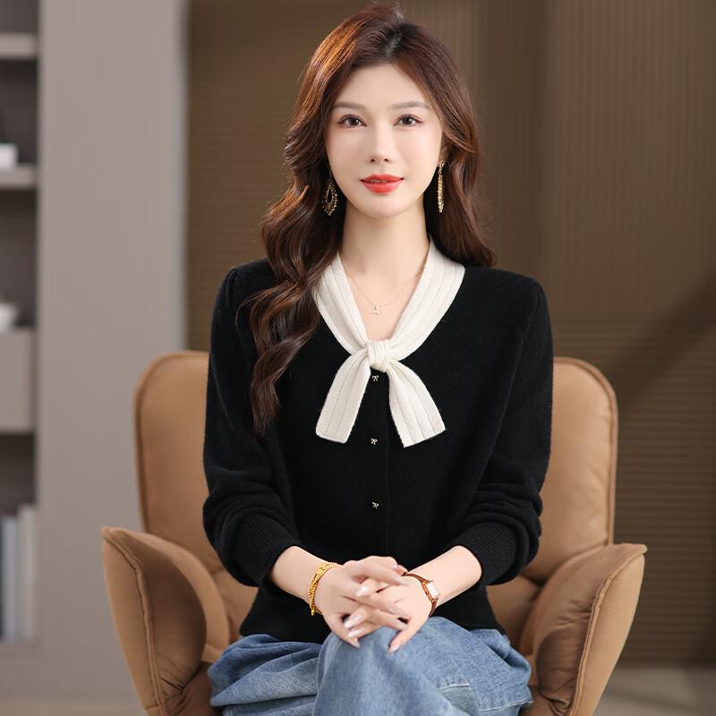 Women's 100% Wool Bow-Knot Collar Knitted Cardigan