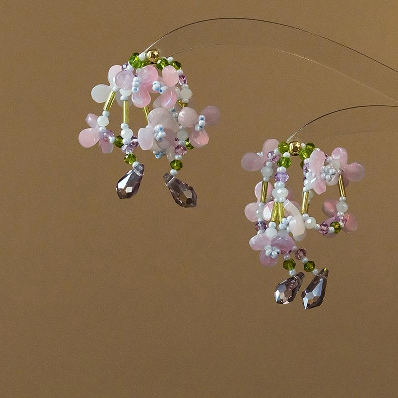 Crystal Rice Bead Tassel Flower Stud Earrings Sweet Girl Heart Earrings Color Dopamine Mori Earrings