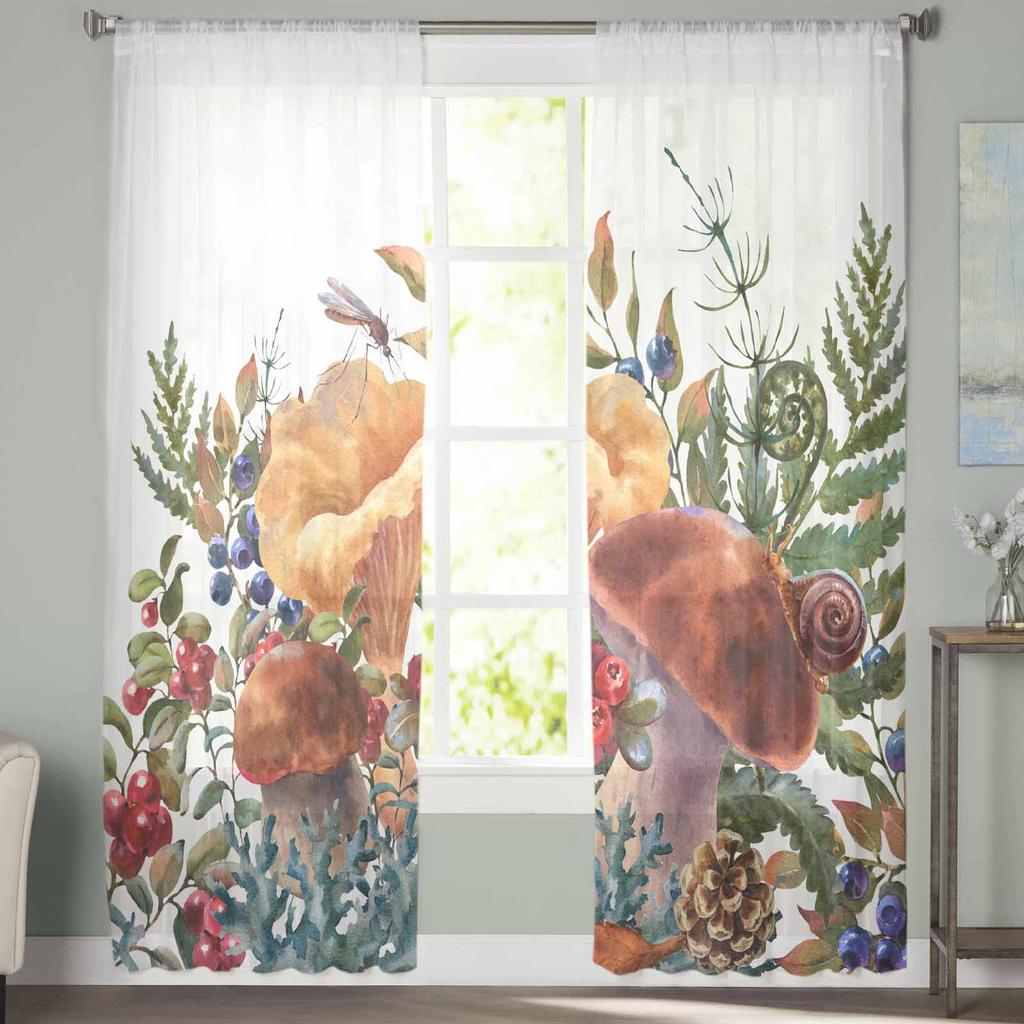 Retro Mushroom Fern Plant Fruit Pine Cone Autumn Sheer Curtains for Kids Bedroom Living Room Voile Window Curtains Tulle Drapes