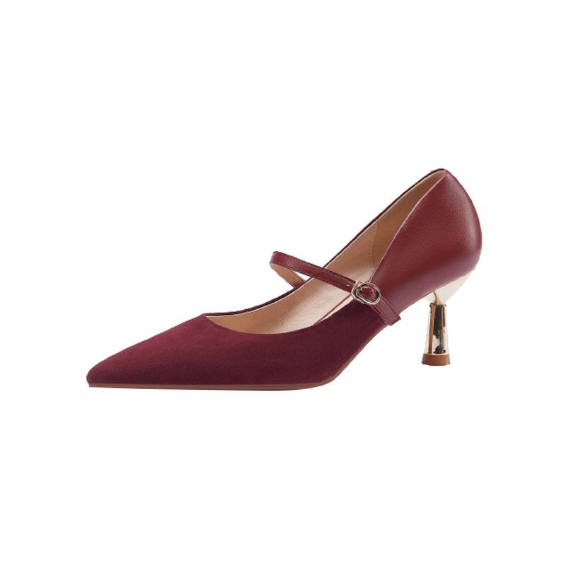Burgundy Single Shoes Women's One-button Retro Mary Jane Shoes Shallow Mouth Gentle Shoes Pointed Thin Heel Temperament High Heels