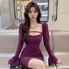 Purple Pure Desire V-neck Long-sleeve Dress - Women's Slimming Flattering Spring/Autumn Style, High-end Hot Girl Hip-hugging Skirt.