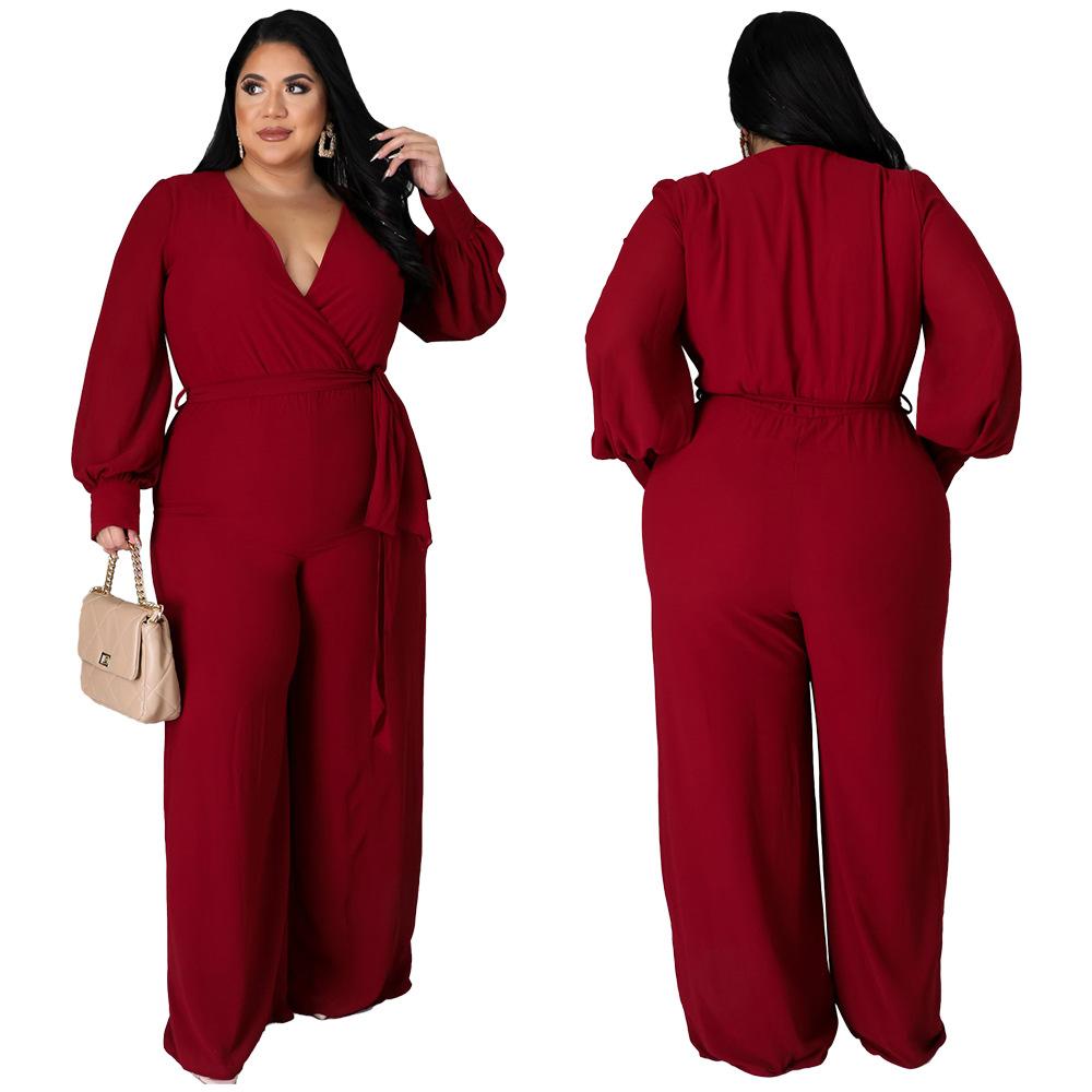 Tuta da Donna Taglie Forti Moda Temperamento Ampia Gamba Dritta Tinta Unita Cintura