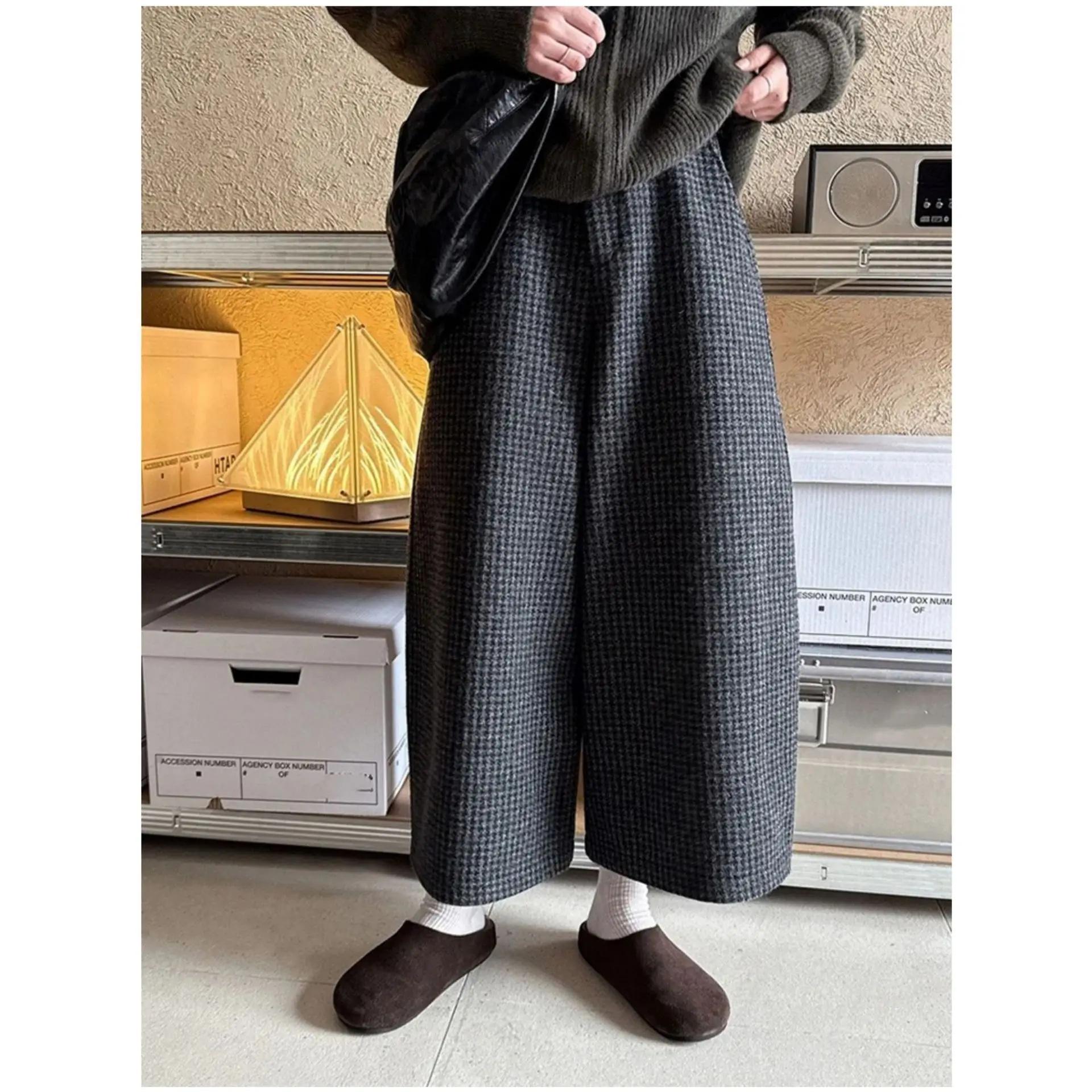 

High Waist Plaid Woolen Wide Leg Pants Korean Style Spring Autumn High Waist Slimming Casual Knife Edge Nine Points Pants XXS