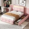Upholstered Bed 90*200cm with LED Lights, 2 Drawers, Skin-friendly Linen Upholstery Low Single Bed Children's Bed Youth Bed Guest Bed (Pink)