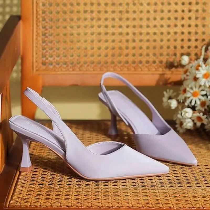 

Модные женские летние туфли 2025 Новая мода Острый носок Шпилька Средний каблук Высокие каблуки Женские туфли с открытой пяткой Босоножки с открытым носком Зеленые женские туфли 39 фиолетовый