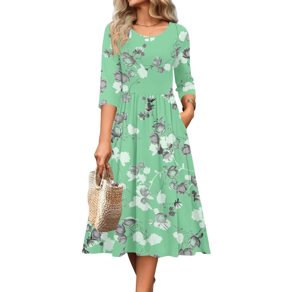 3/4-Ärmel Damenkleid Lässig Fließend A-Linie Midi T-Shirt Kleider mit Taschen Rundhalsausschnitt Urlaub Boho Strand Sommerkleid