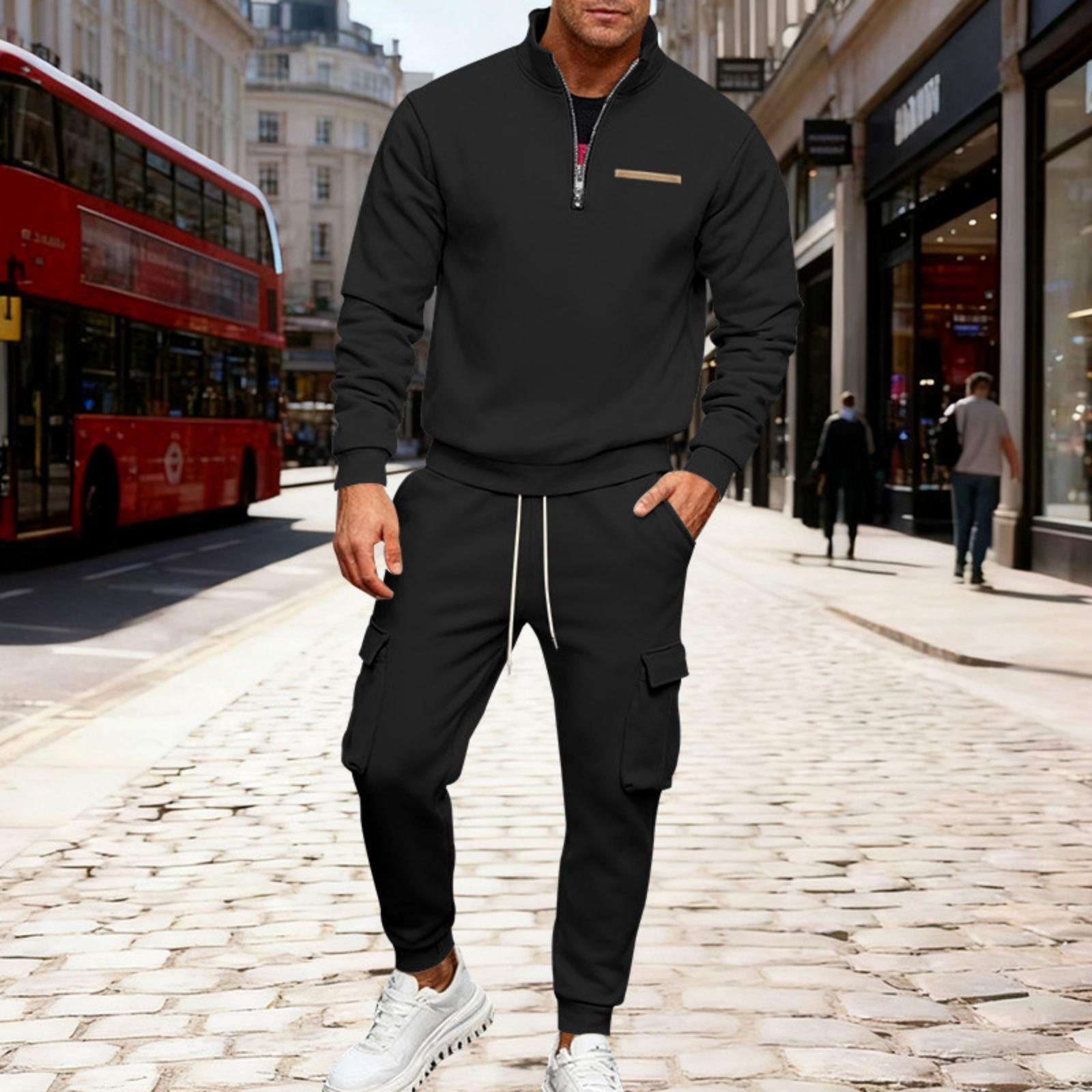 

Men s Winter Fleece Multi Pocket Zipper Sweatshirt 2 Piece Set Personalized Sweatpants XL чорний