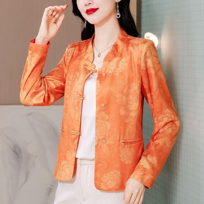 New Chinese Style Stand Collar Plate Button Spring and Autumn Fashionable Casual Jacquard Long-sleeved Top