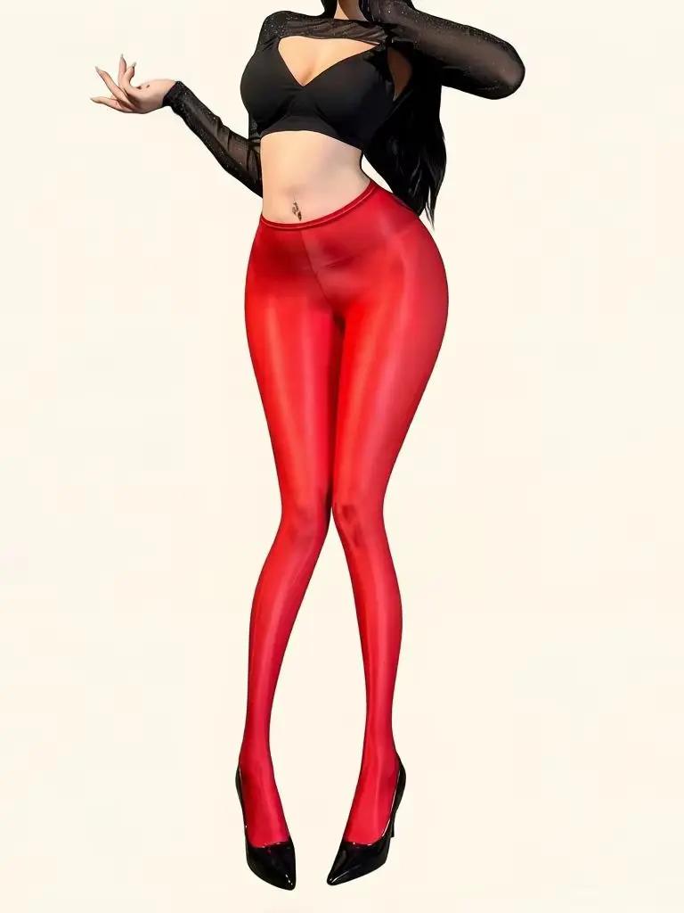 Pantaloni a Tubo Sexy da Cameriera Donna Trasparenti Sottili Lucidi Effetto Olio Leggings Modellanti Elastici per Fianchi e Gambe Taglie Forti